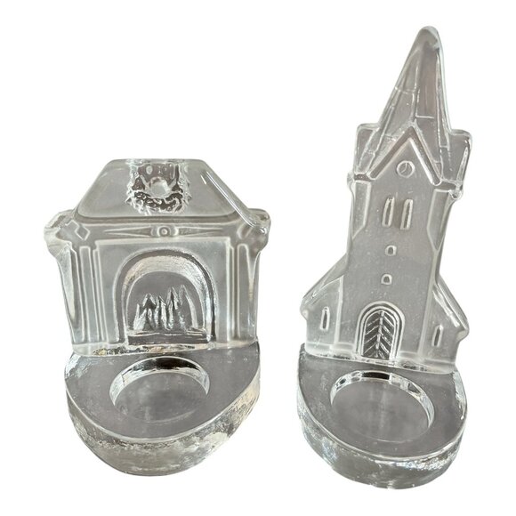 Vtg 1990s–2000s Nybro Sweden Glass Tealight Holders – Fireplace & Church, Scandi - Picture 2 of 5